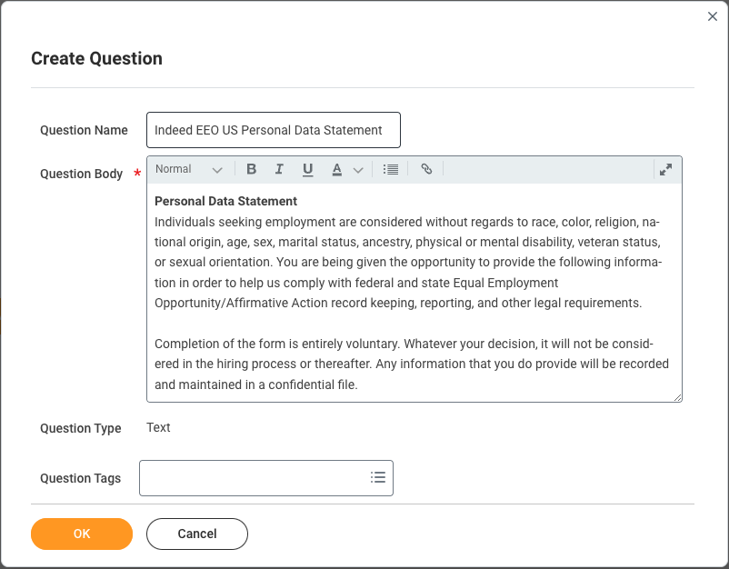 Create Question screen