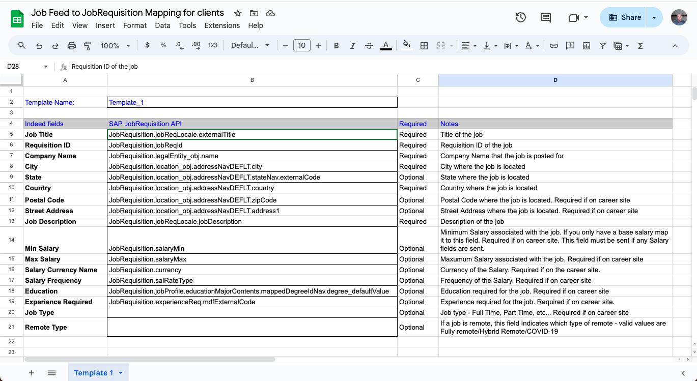 Job Feed to JobRequisition Mapping for clients spreadsheet