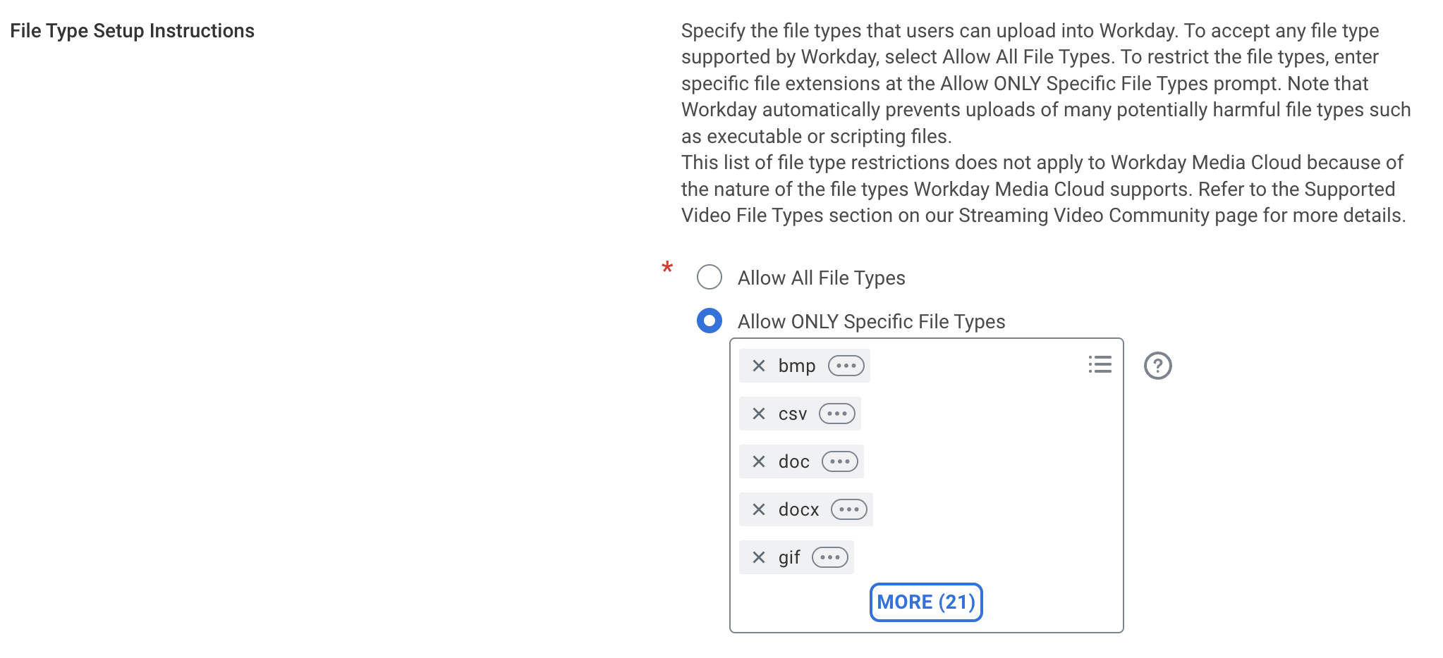 Section Instructions de configuration du type de fichier (File Type Setup Instructions) avec l'option Autoriser UNIQUEMENT des types de fichiers spécifiques (Allow ONLY Specific File Types) sélectionnée