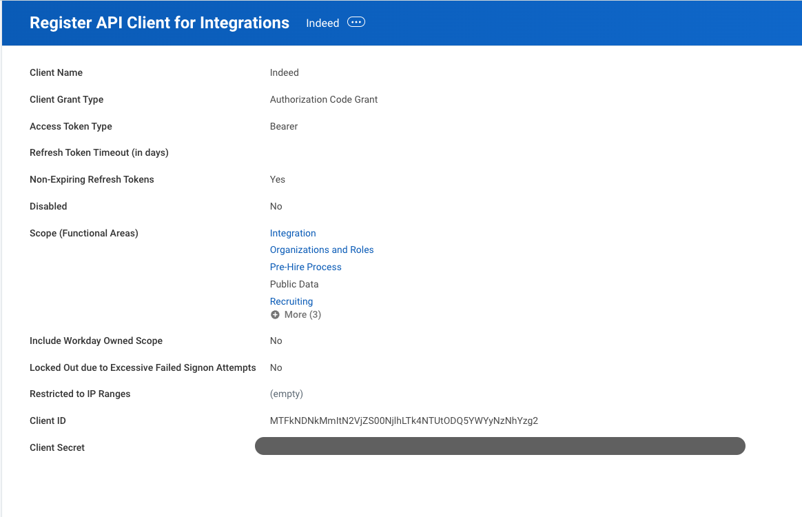 Tâche Inscrire le client API pour les intégrations (Register API Client for Integrations) affichant les valeurs ID client (Client ID) et Secret client (Client Secret)
