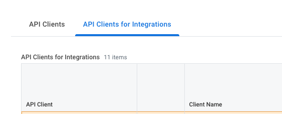 Onglet Clients API pour les intégrations (API Clients for Integrations) dans le rapport Afficher les clients API (View API Clients)