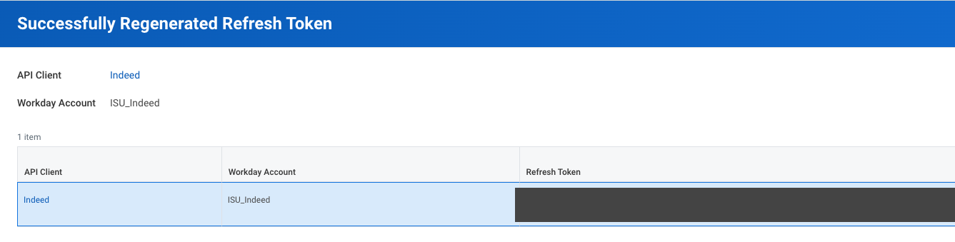 Écran Jeton d'actualisation régénéré avec succès (Successfully Regenerated Refresh Token) affichant le jeton d'actualisation