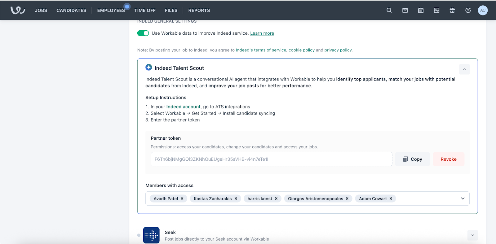 Partner token screen after account confirmation