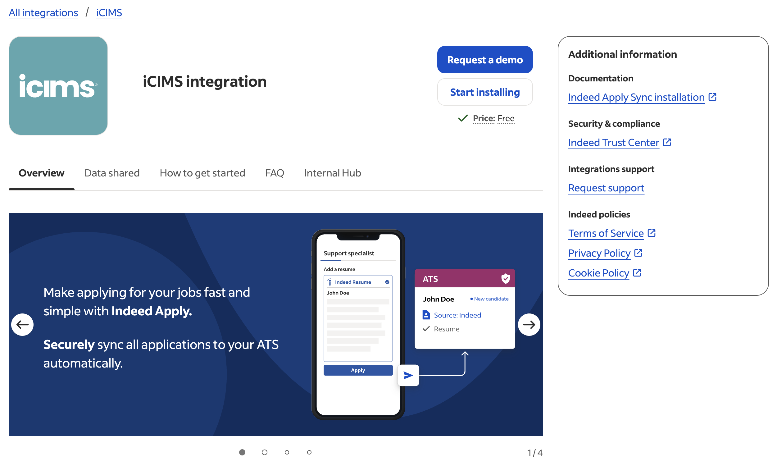 iCIMS integration screen with Start installing button