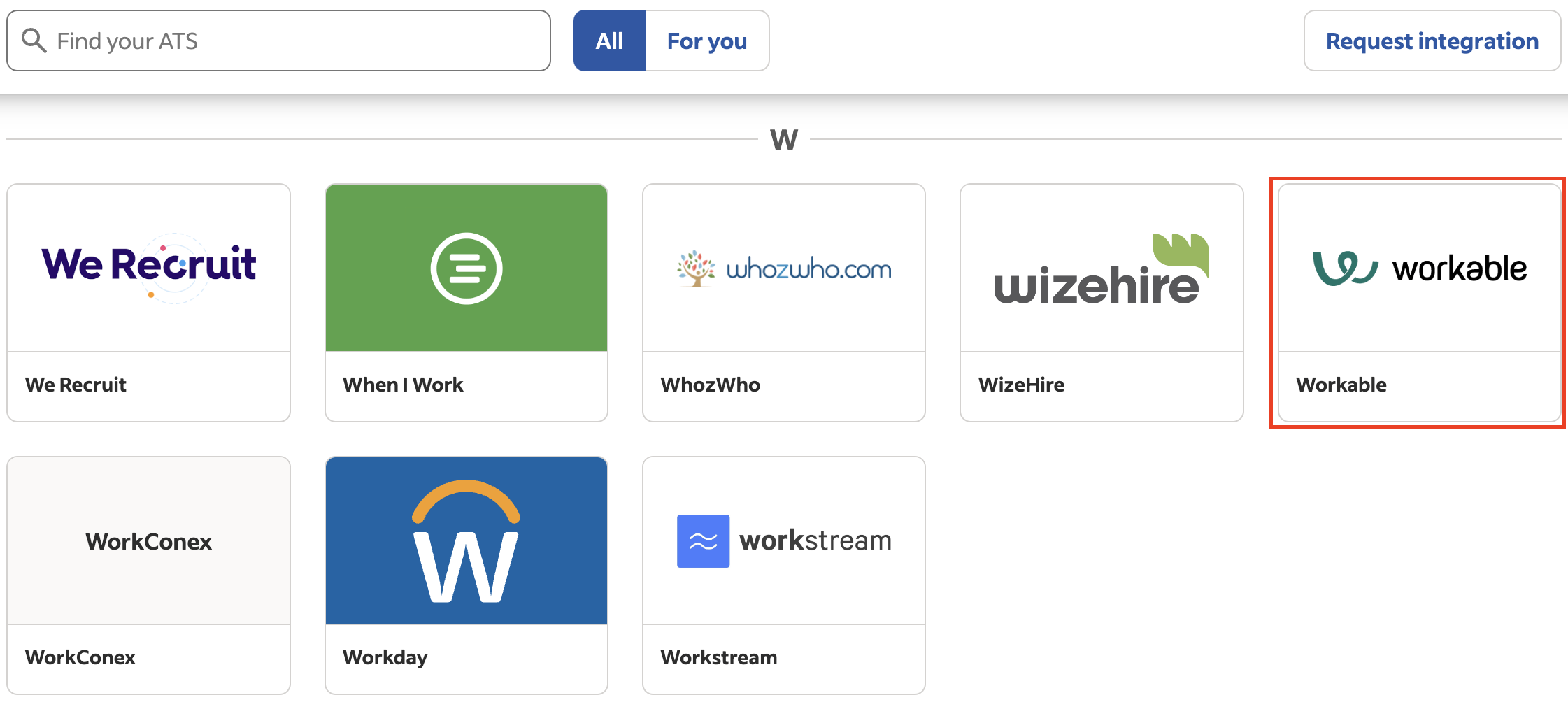Integrations page with Workable integration card