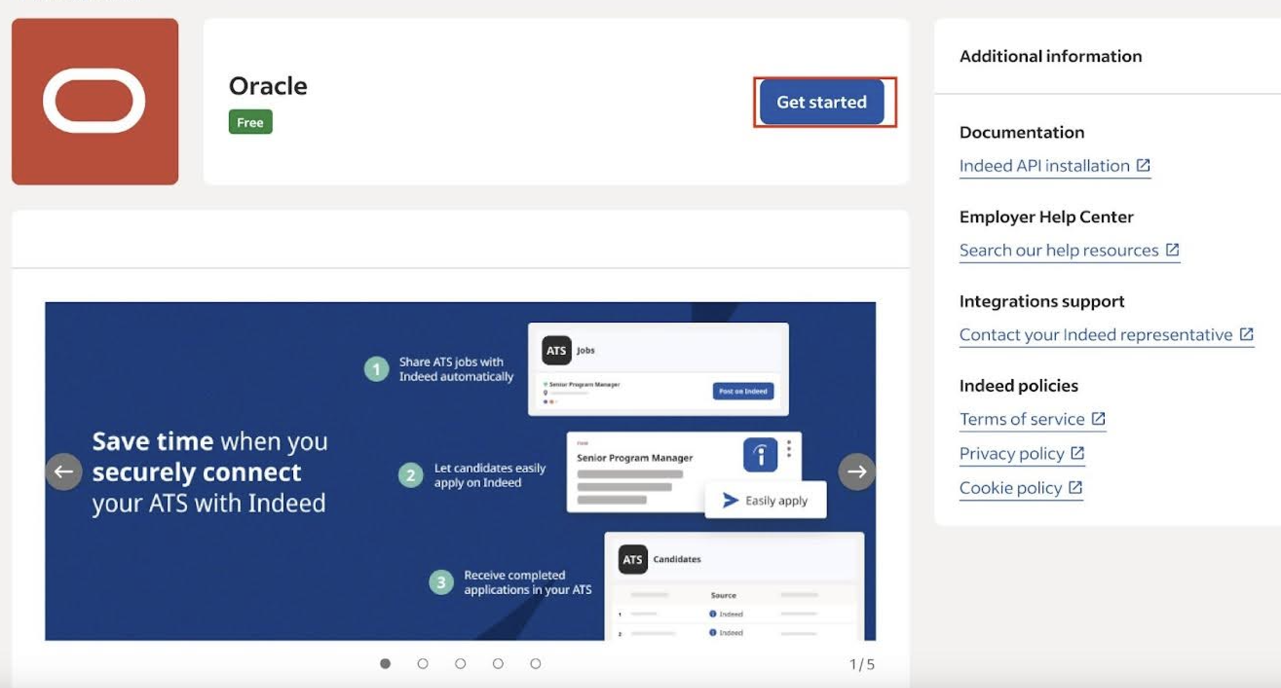 Get started button on Oracle integration card
