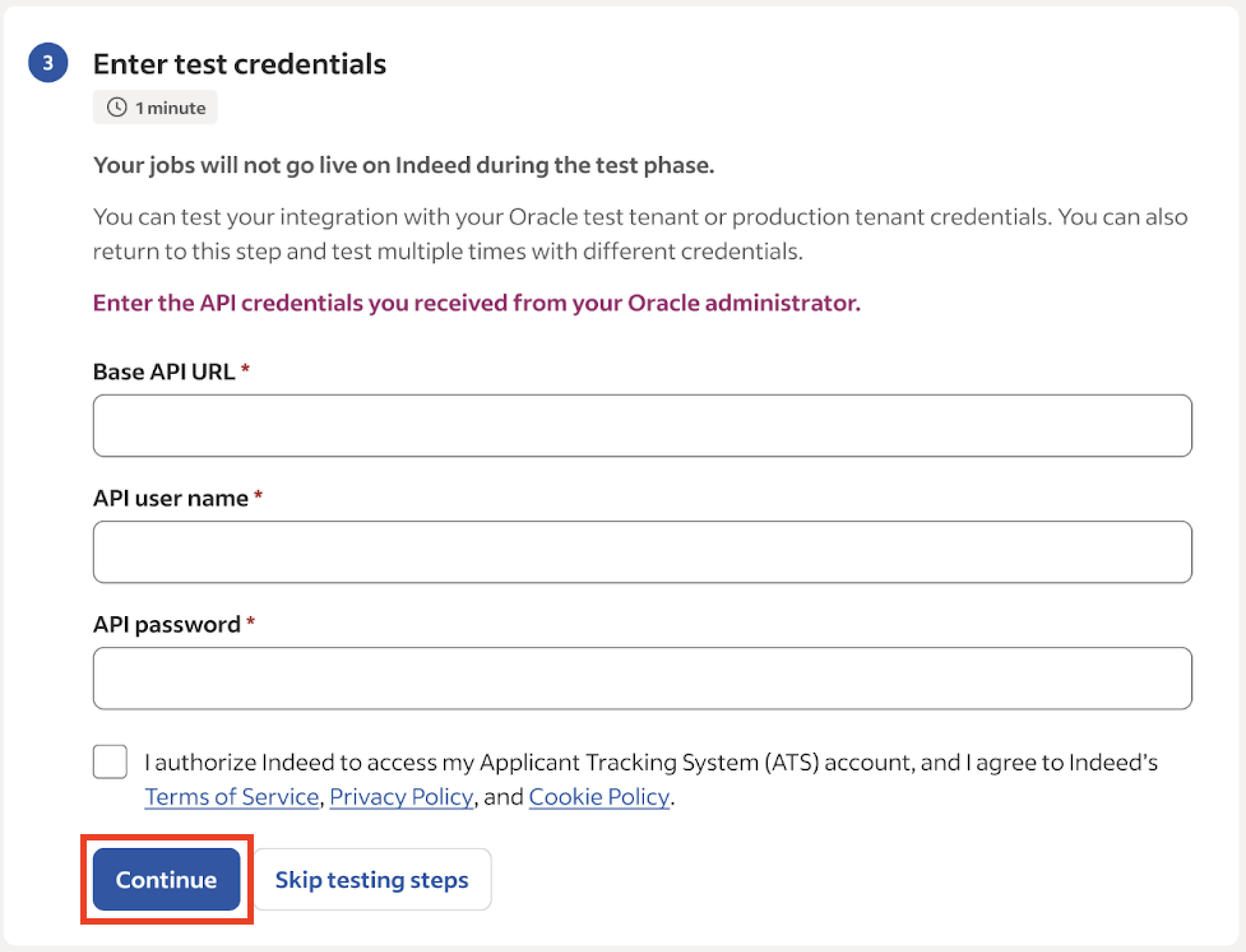 Enter test credentials screen with URL and username fields