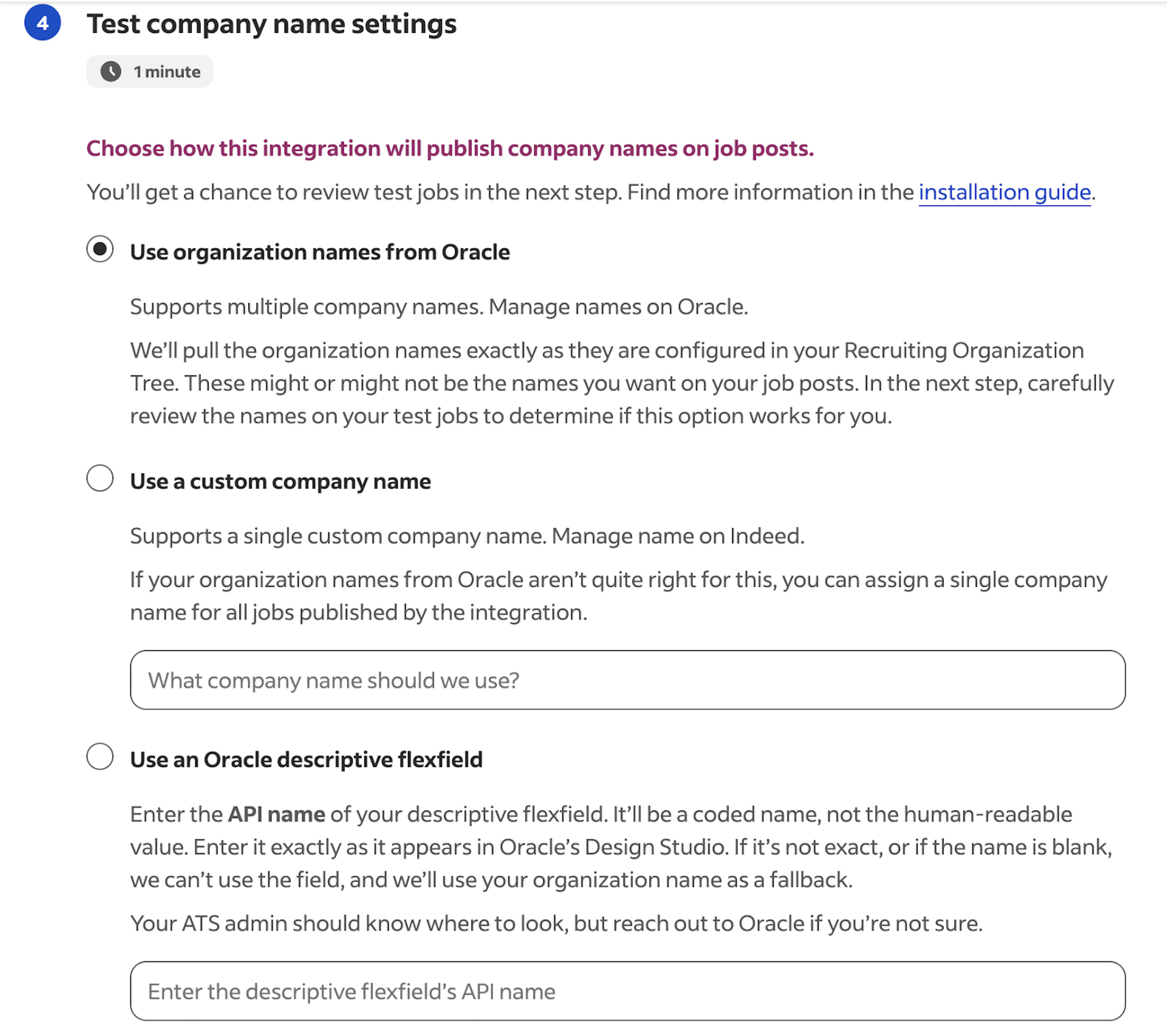 Test company name settings screen with three options