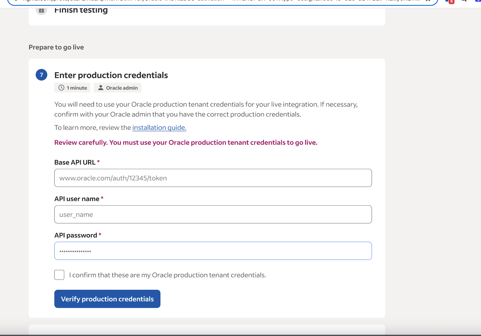 Case à cocher J'ai confirmé que ces... (I have confirmed that these...) et bouton Vérifier les identifiants de production (Verify production credentials)