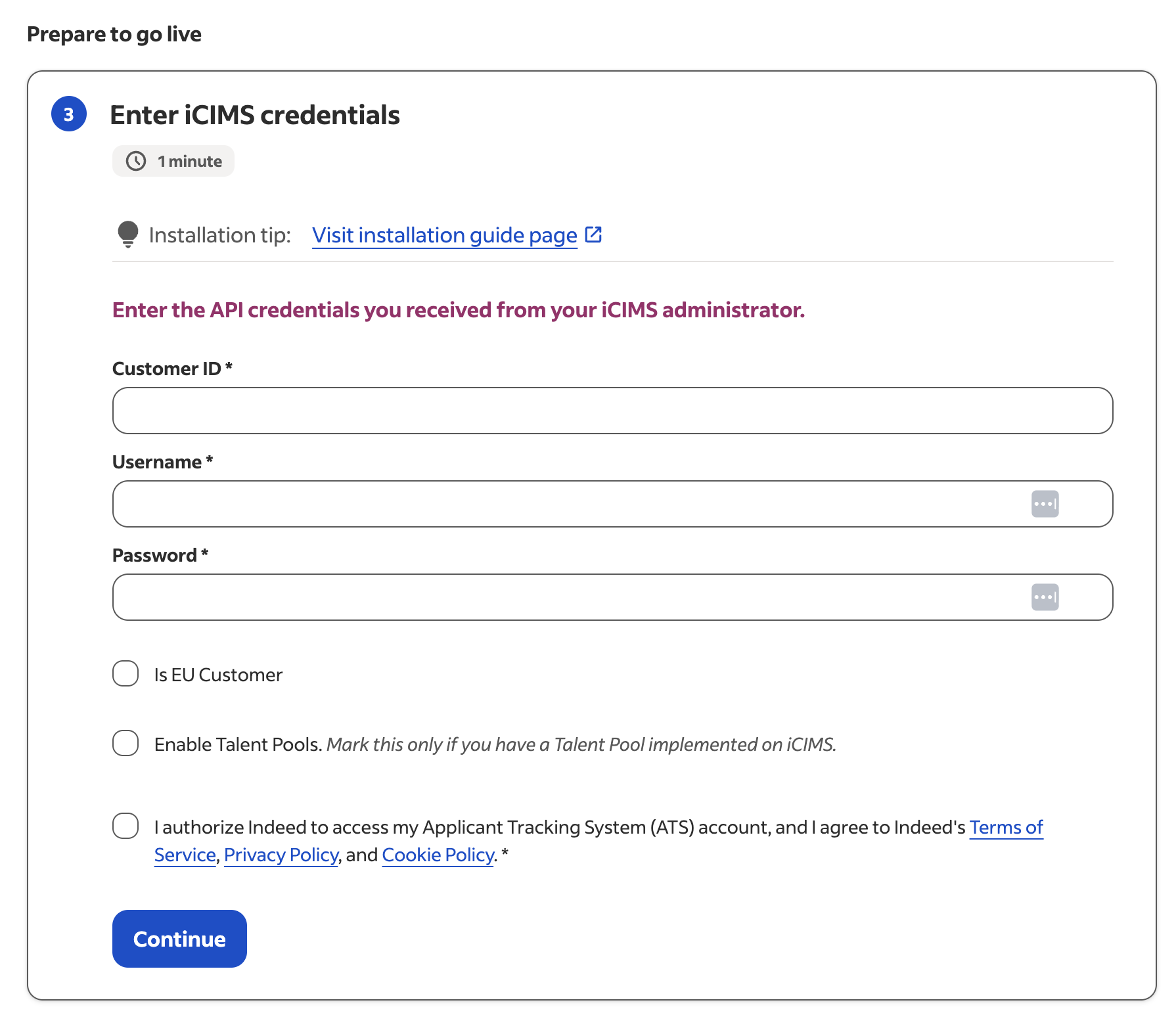 Enter iCIMS credentials step showing Customer ID, Username, Password, EU Customer, and Enable Talent Pools fields