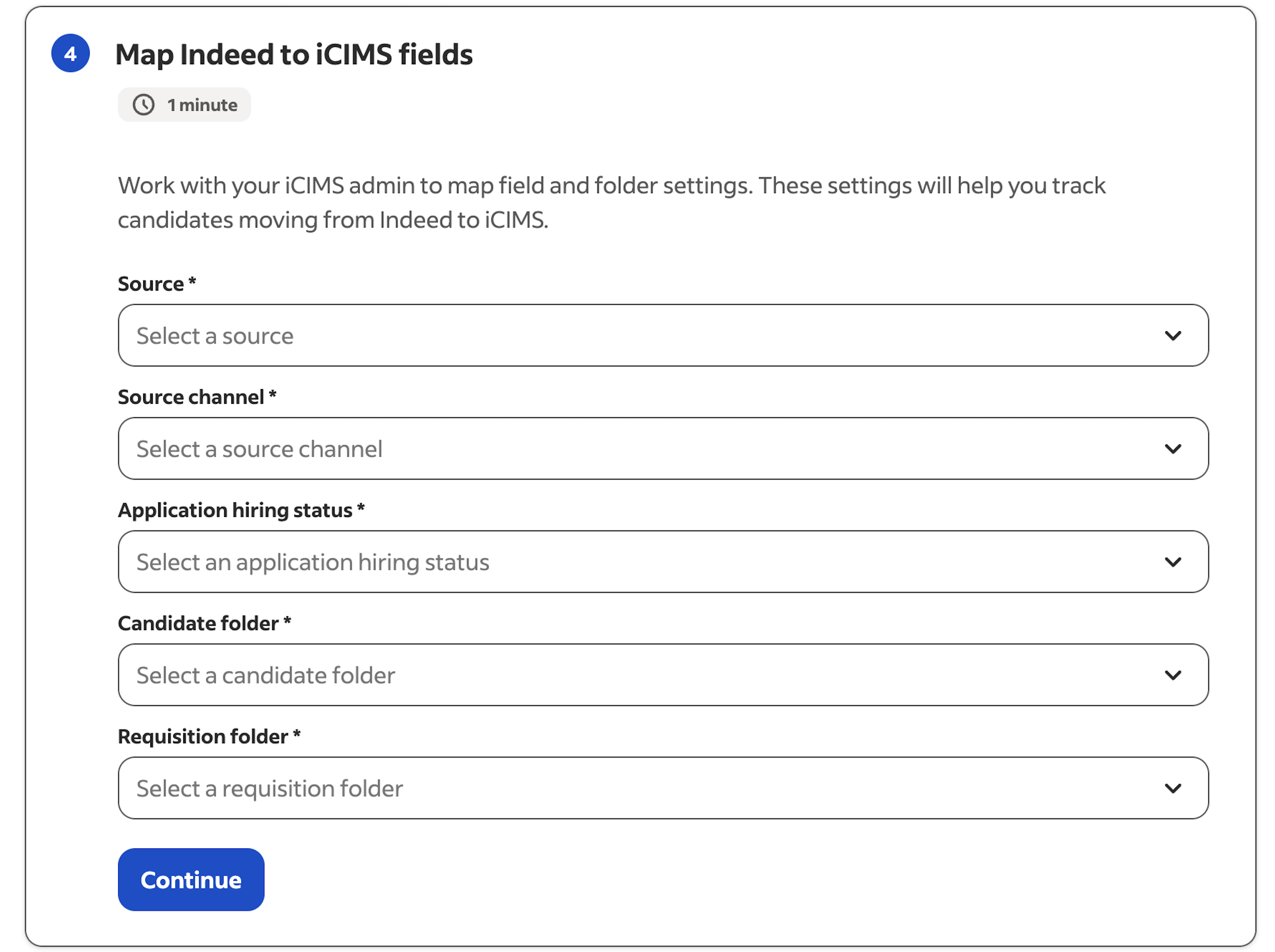 Map Indeed to iCIMS fields step showing Source, Source channel, Application hiring status, Candidate folder, and Requisition folder dropdowns