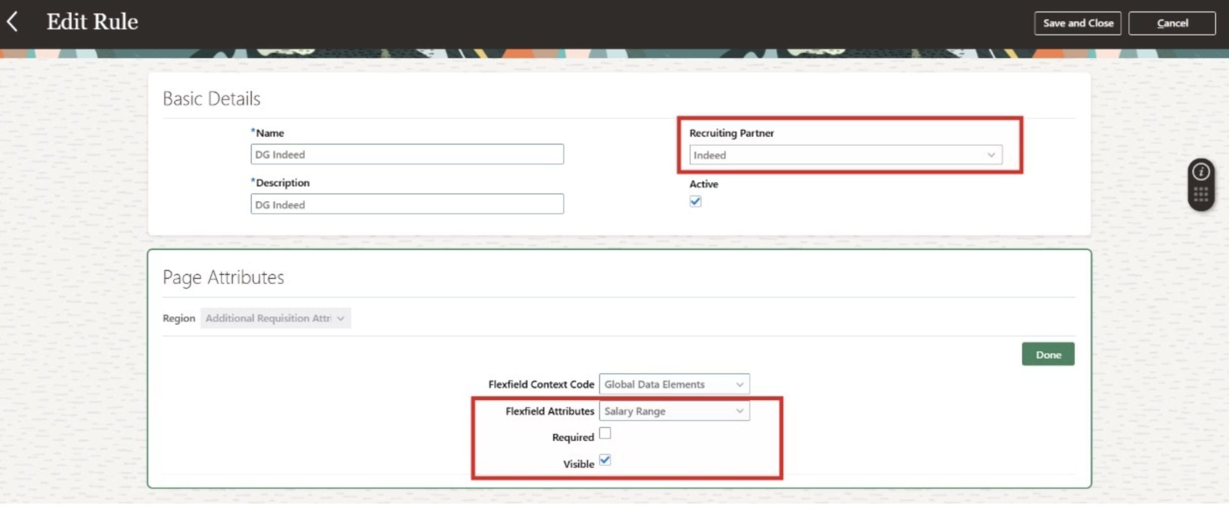 Edit Rule screen with Recruiting Partner set to Indeed and Visible selected