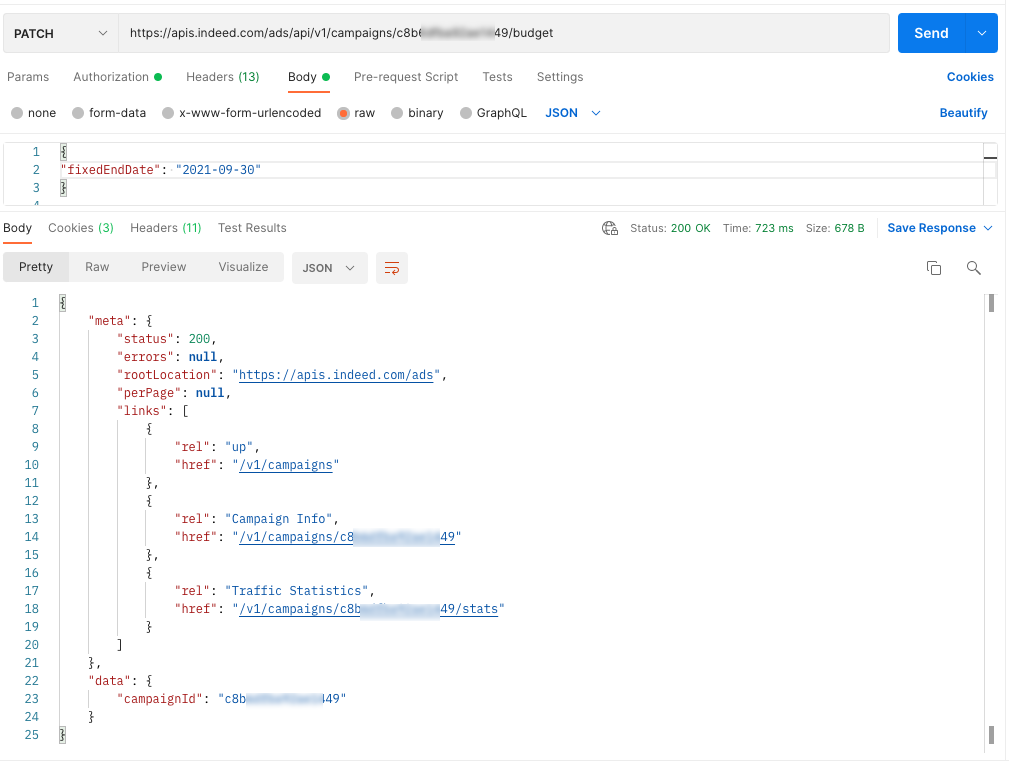 API call to update a campaign timeframe