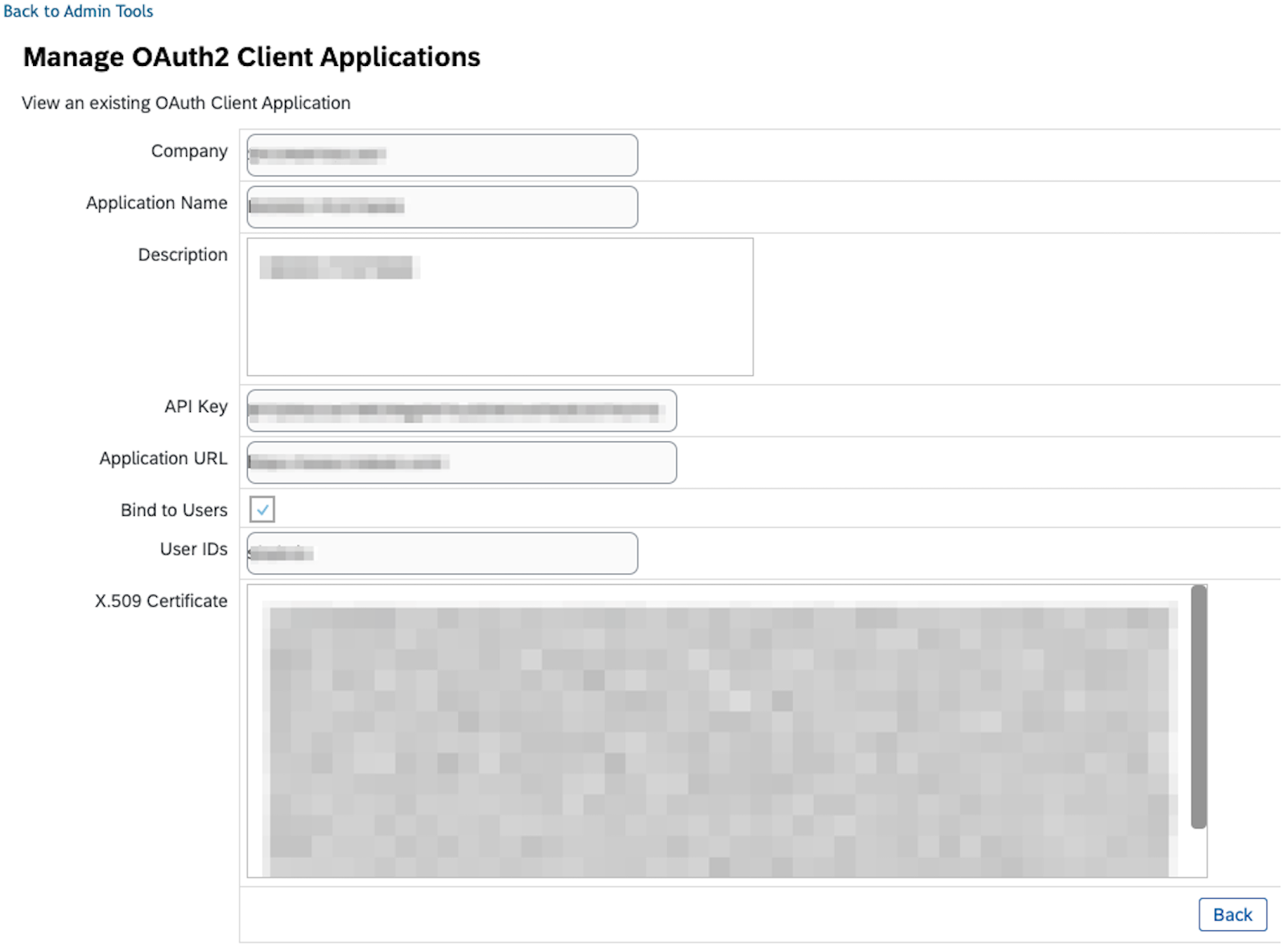View an existing OAuth Client Application screen