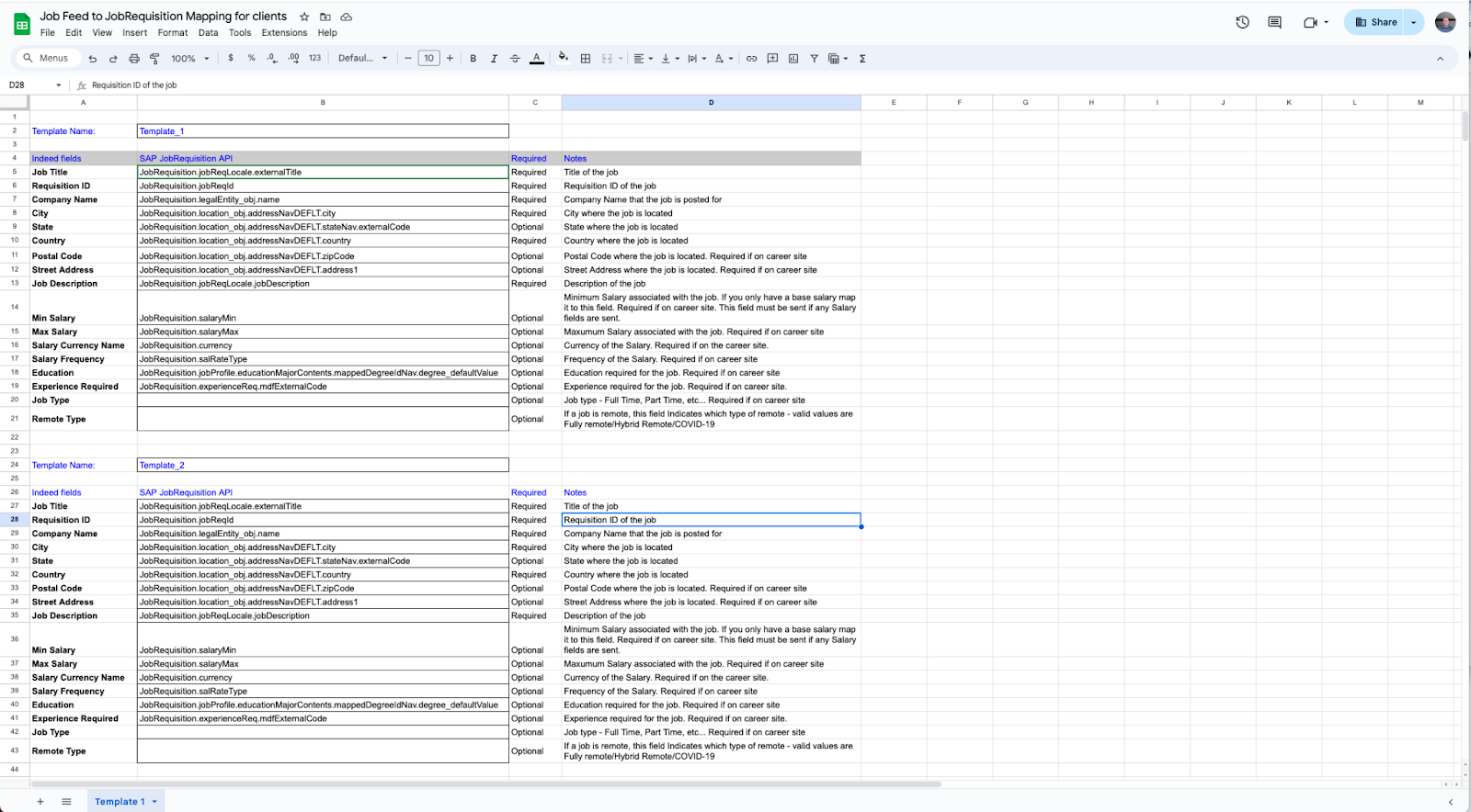 Job Feed to JobRequisition Mapping for clients spreadsheet