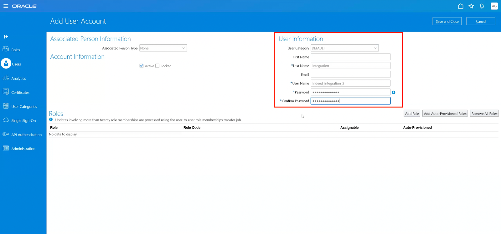 Zone Renseignements sur l'utilisateur (User Information) sur l'écran Ajouter un compte d'utilisateur (Add User Account)