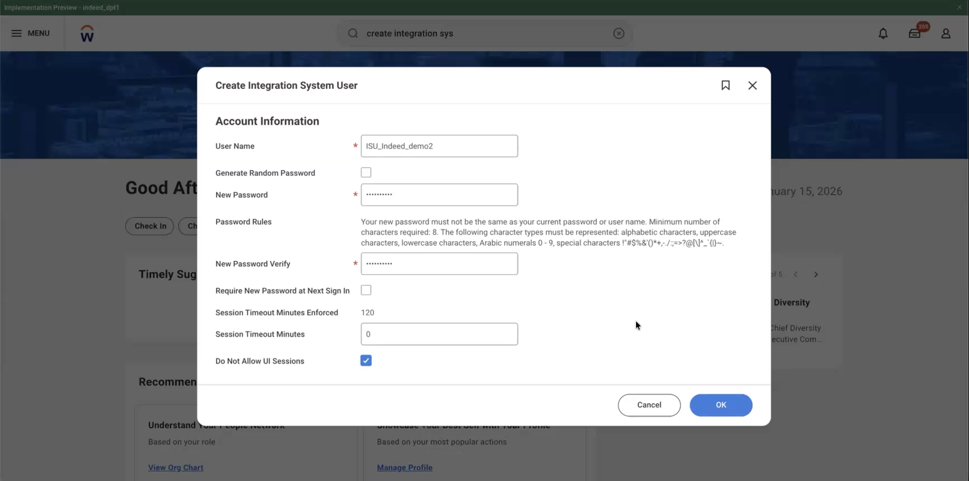 Tâche Créer un utilisateur du système d'intégration (Create Integration System User) avec l'étape 5 identifiée