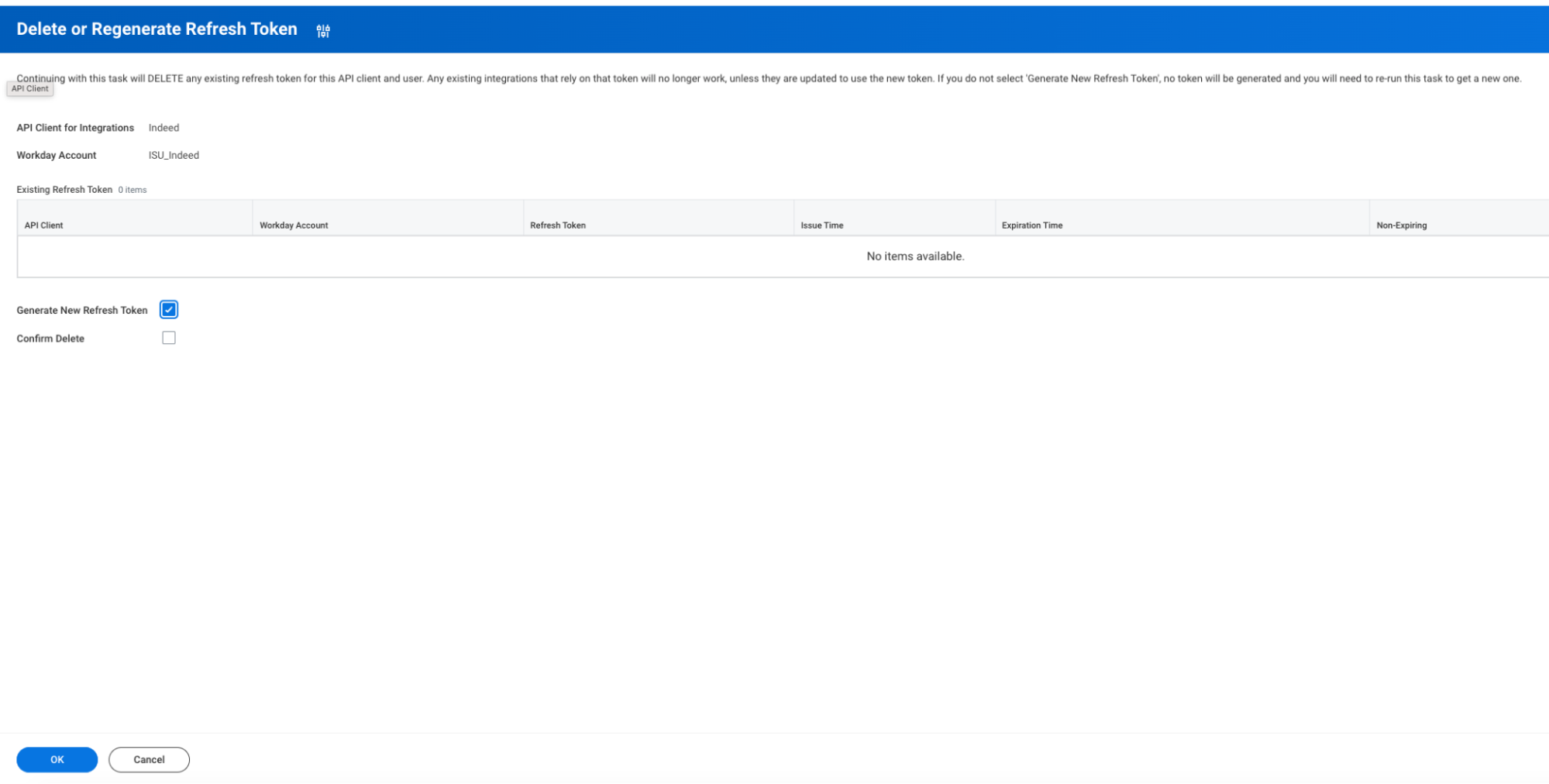 Écran Supprimer ou régénérer le jeton d'actualisation (Delete or Regenerate Refresh Token) avec la case Générer un nouveau jeton d'actualisation (Generate New Refresh Token) sélectionnée