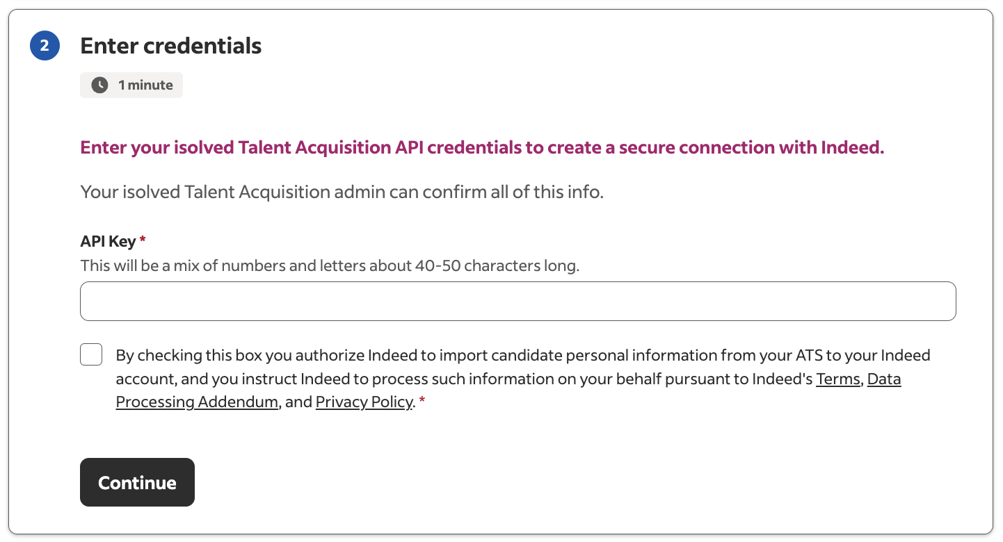 API key field and terms and conditions checkbox