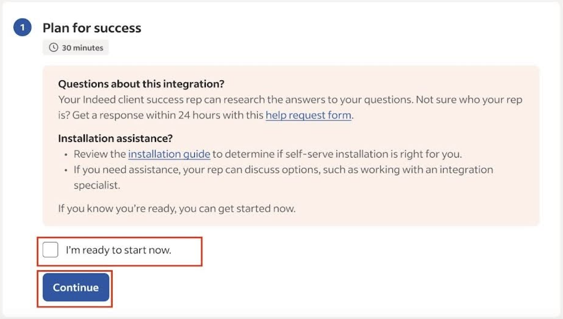 Plan for success screen with checkbox and Continue button