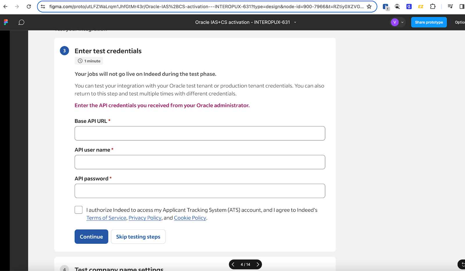 Écran Ajout des identifiants de test (Enter test credentials)