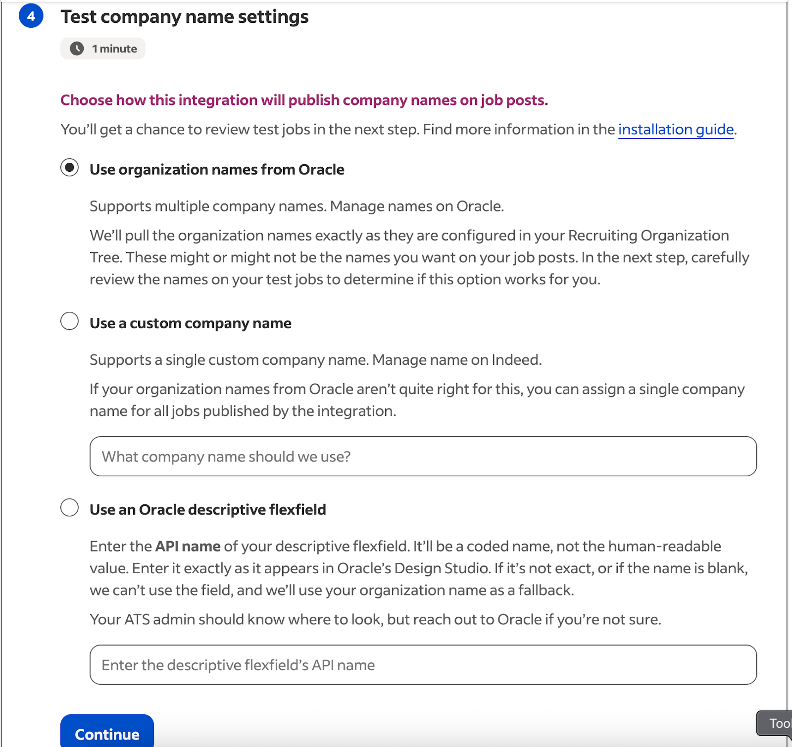 Écran Vérifiez les paramètres des noms d'entreprise (Test company name settings)