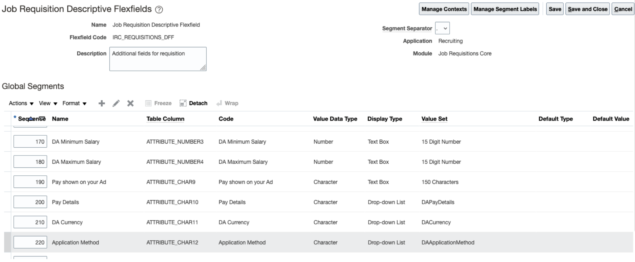 Job Requisition Descriptive Flexfields Global Segments table with the Name column
