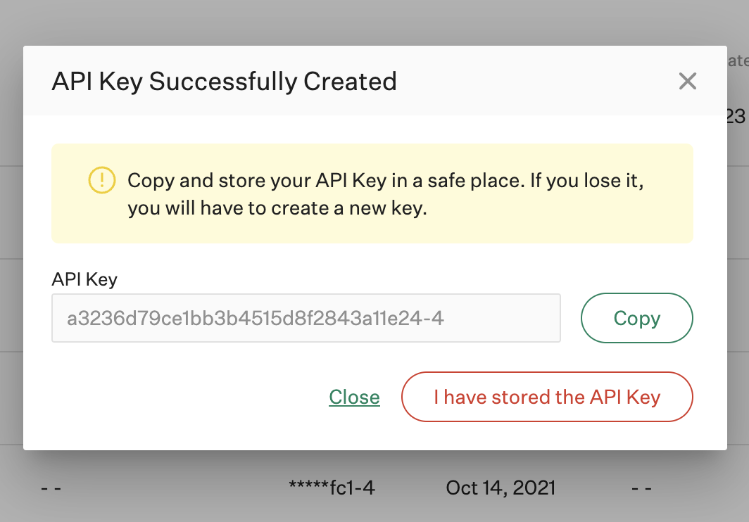 API キー作成完了画面