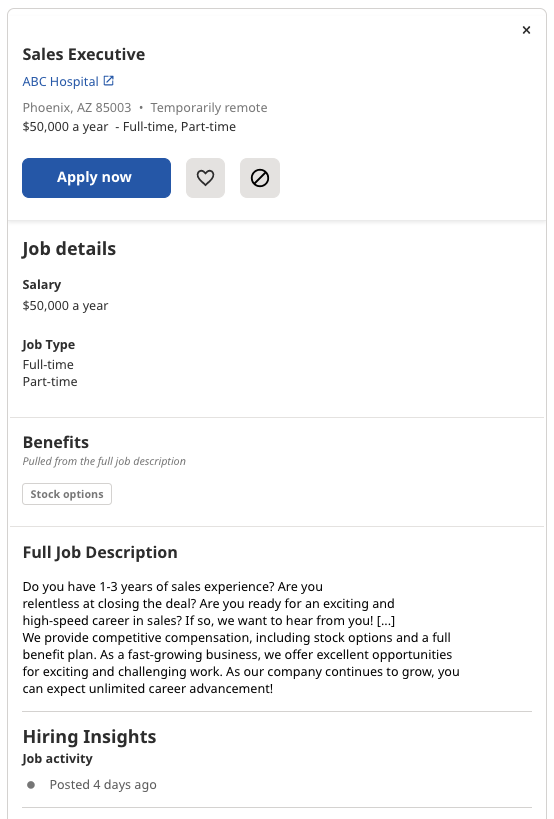 Indeed に表示された求人投稿の例